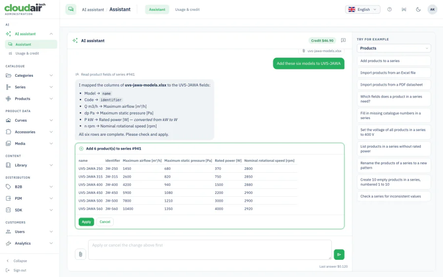 Products imported from an Excel file shown for approval