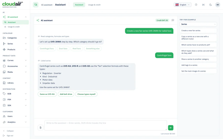 AI assistant setting up a new fan series step by step with clickable answers