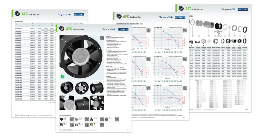 Pages of the generated AFC catalog spread out: nominal data, product introduction, performance charts and mounting accessories