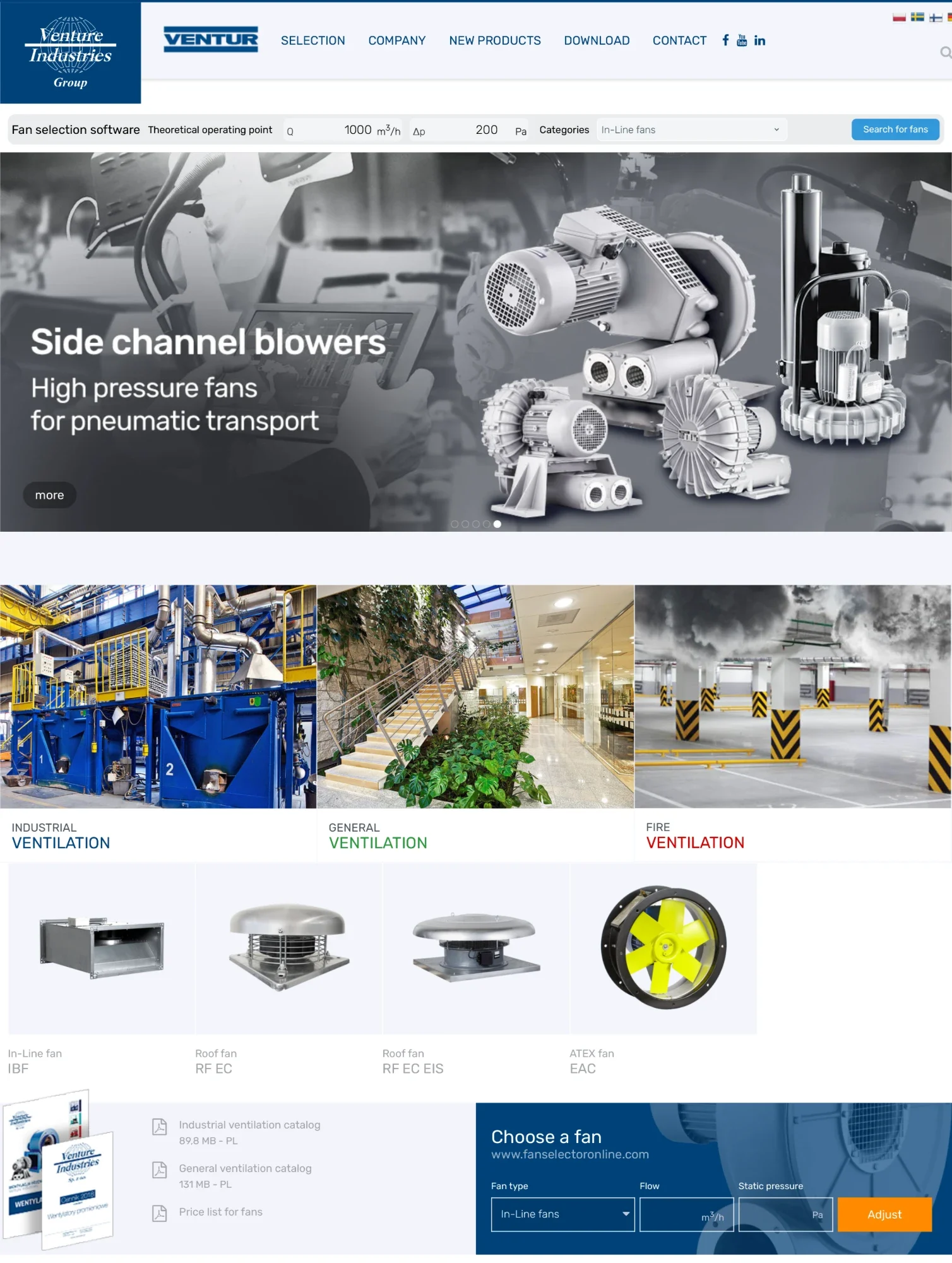 The Venture Industries home page: duty-point search bar, product worlds and the catalog downloads
