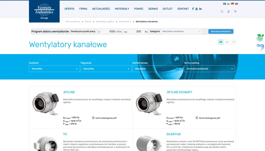 Venture Industries &mdash; Category with parametric search