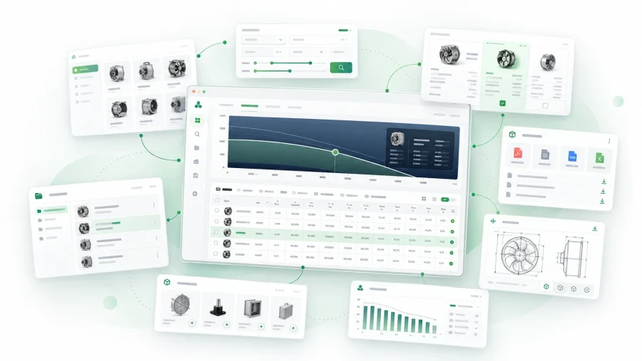 The selection workflow: catalog, parametric search, results with the operating point, comparison, accessories, technical files, CAD drawings and charts
