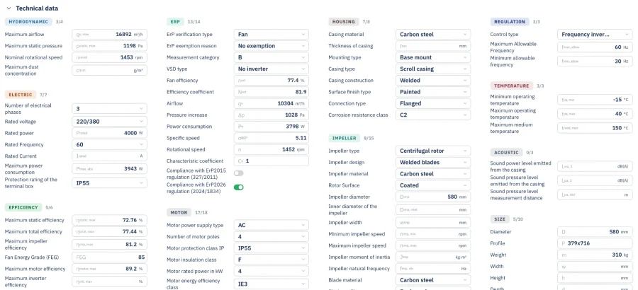 Technical data in the admin platform, grouped into hydrodynamics, electrics, efficiency, ErP, motor, housing, impeller, regulation and acoustics