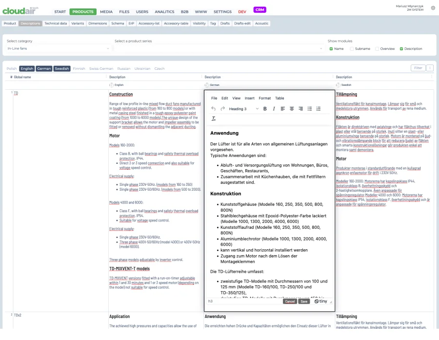 Multilingual product descriptions with rich text editor