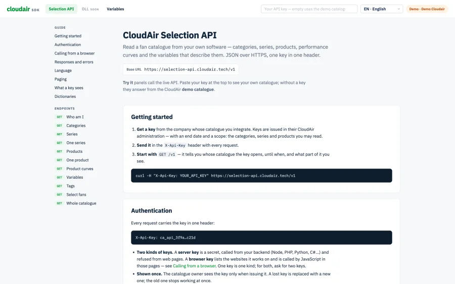 CloudAir Selection API documentation — guide, endpoint list and authentication