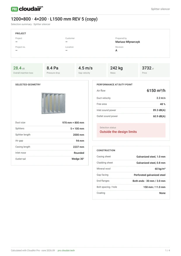 Selection summary: project data, key results, geometry, performance at the duty point and construction