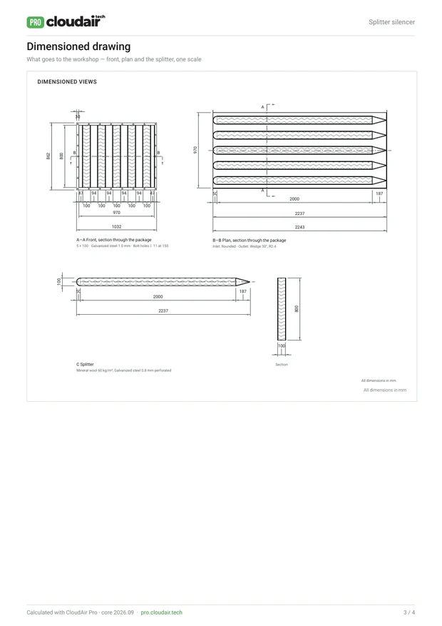 Dimensioned drawing: front and plan sections and the splitter detail