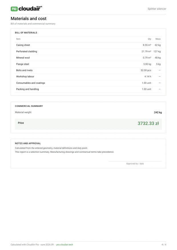 Materials and cost: bill of materials, weight and price with an approval box
