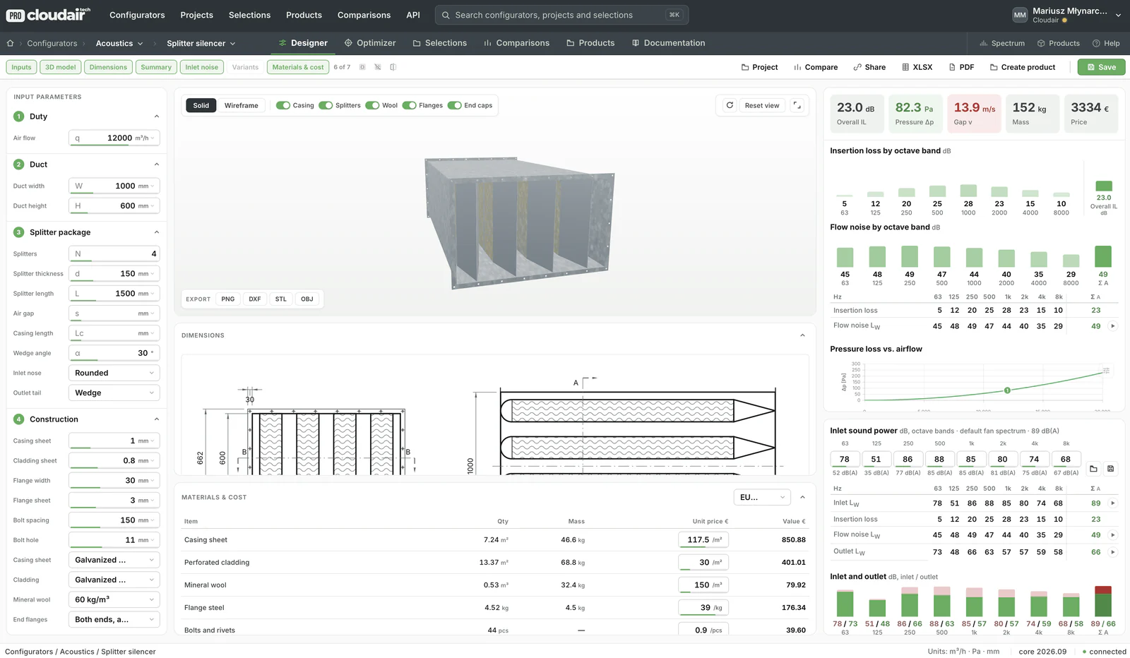 Splitter silencer designer with 3D model, dimensions, acoustics and cost