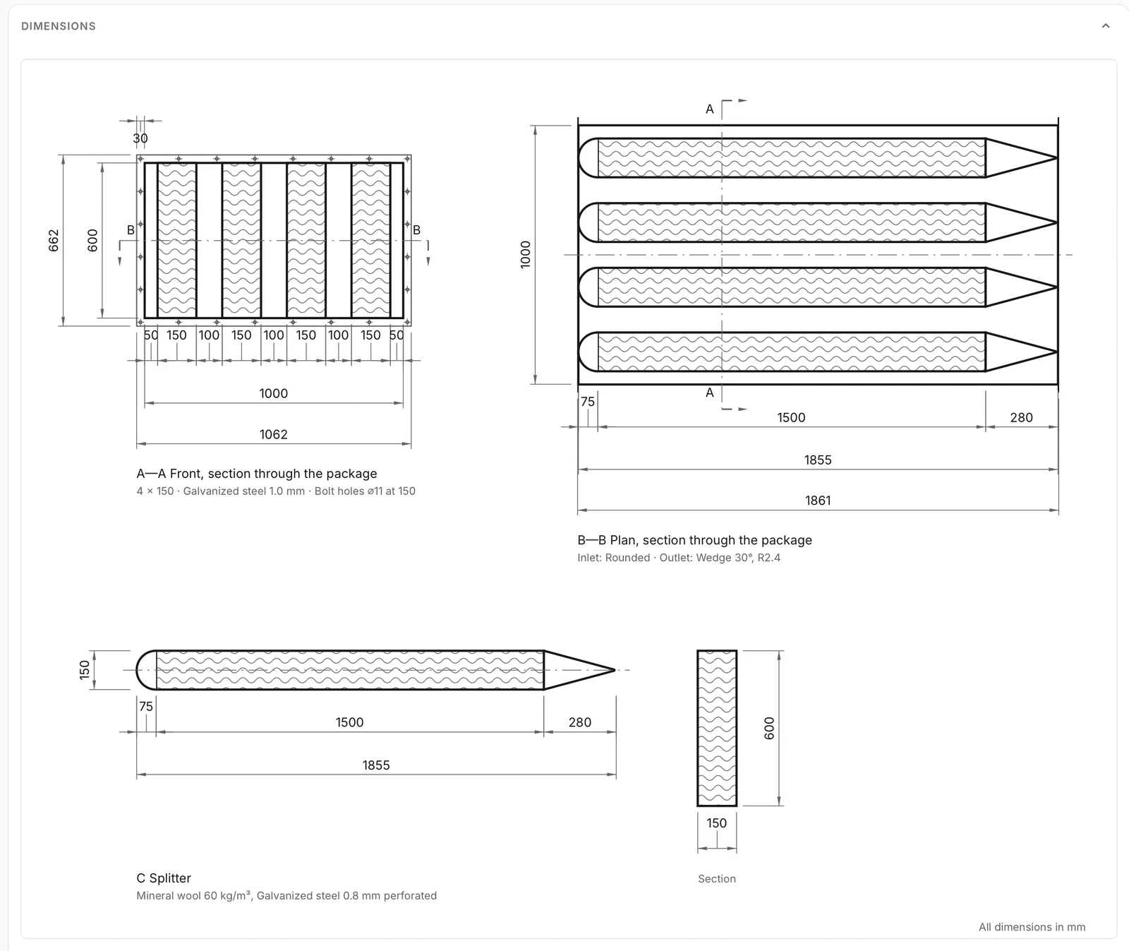 Generated dimension drawing: front section, plan section and splitter detail