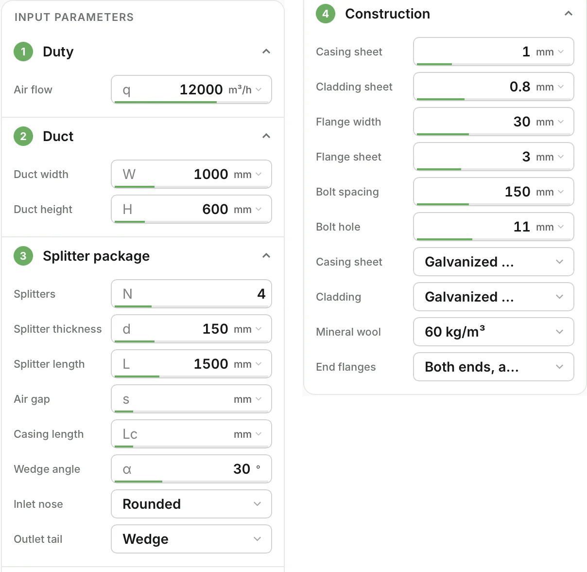 Designer input form: duty, duct, splitter package and construction