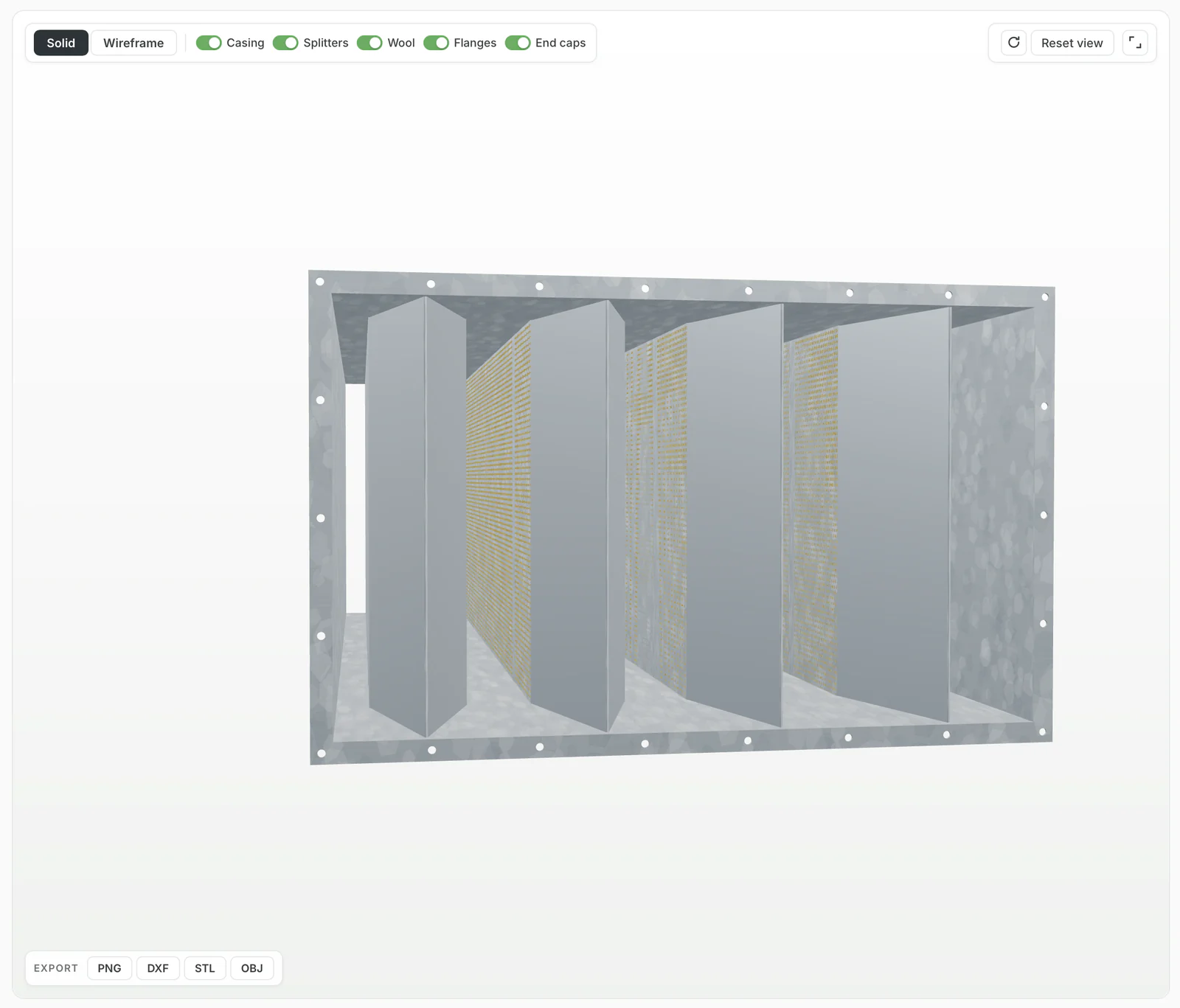 3D model of a splitter silencer with casing, splitters, mineral wool and flanges