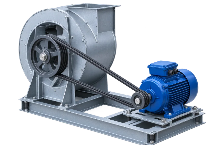 Motor and fan pulleys connected by a belt drive