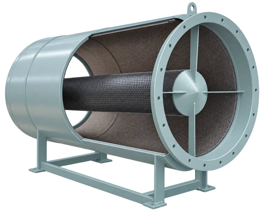 Round duct silencer with an acoustic liner and central pod