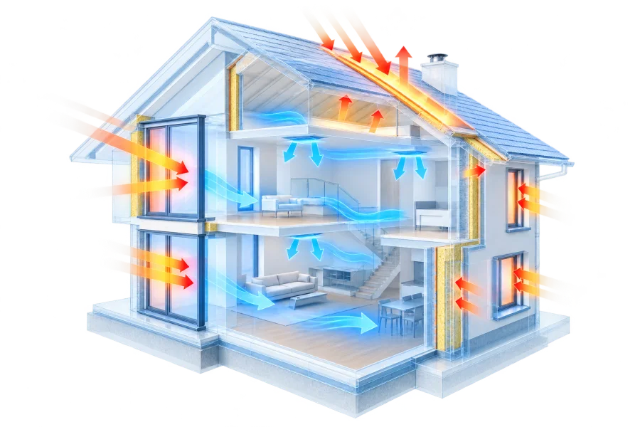 Room cross-section with cooling load sources by source