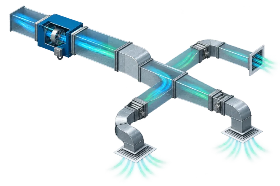 Branching duct network diagram with fittings