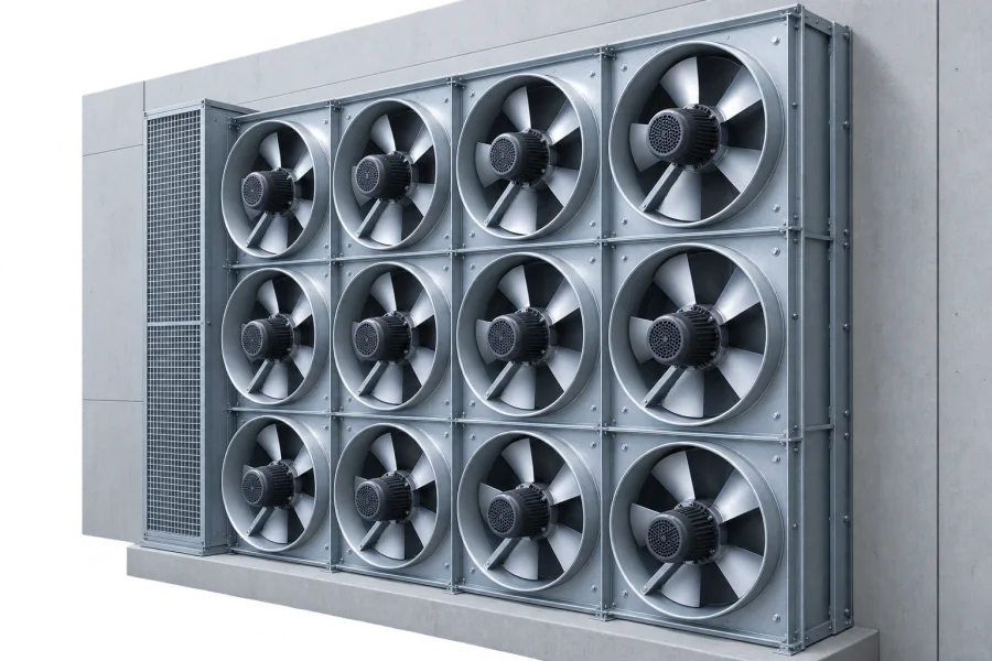 Grid array of multiple fans in a wall opening