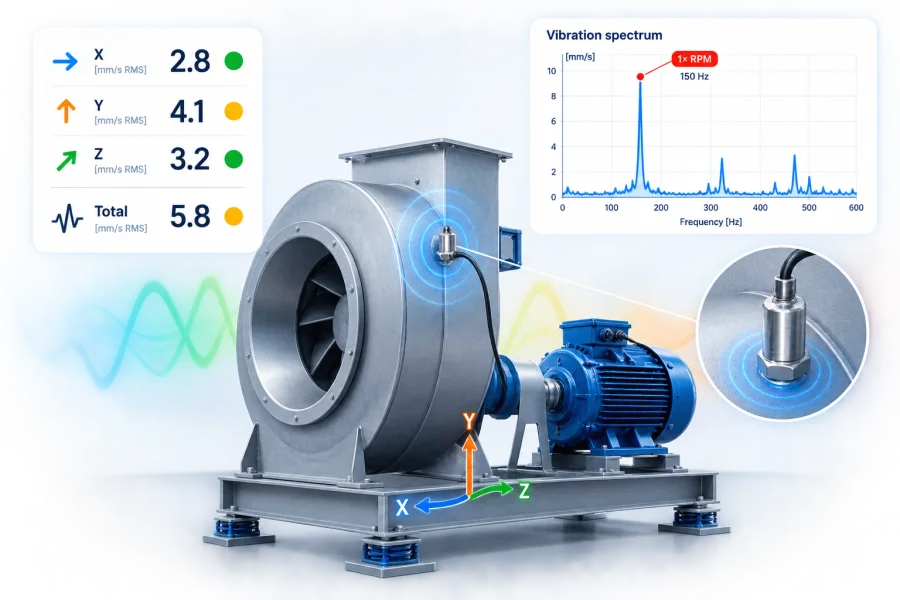 Fan with a vibration severity and balance grade readout