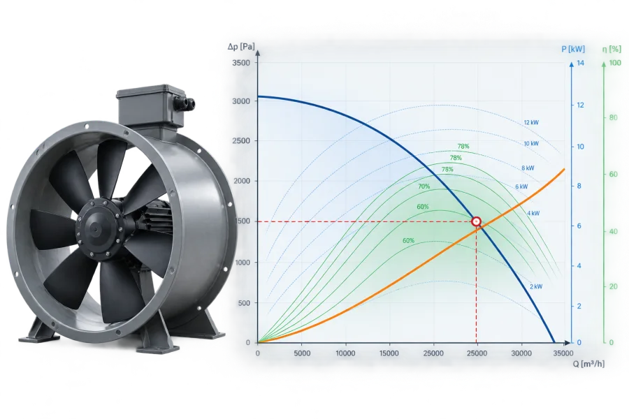 Fan performance curve with the operating point marked