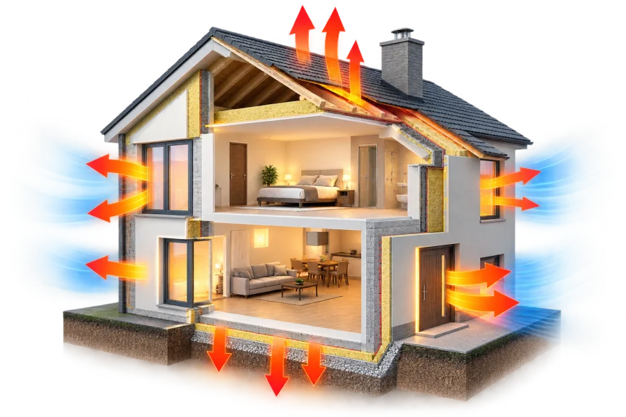 Building cross-section with heat loss by element
