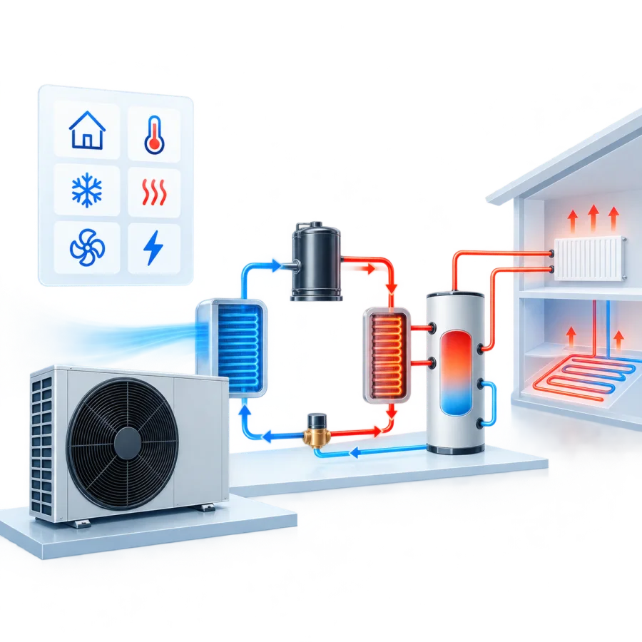 Heat pump with a capacity and COP curve against outdoor temperature