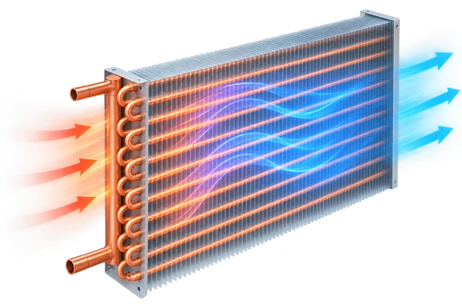 Fin-tube heater/cooler coil, dimensioned 3D model
