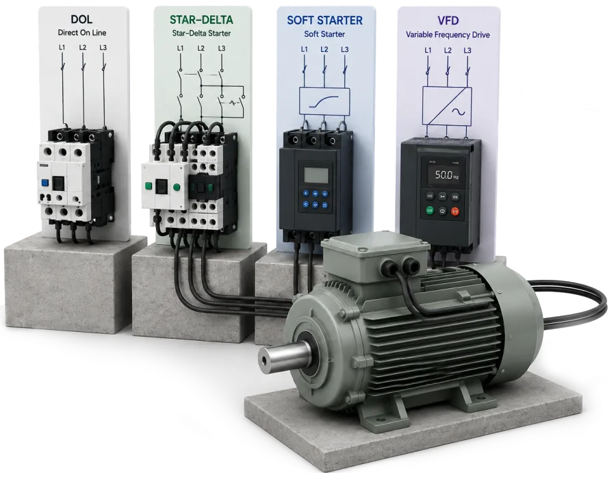 Motor starting control panel with soft starters next to an electric motor