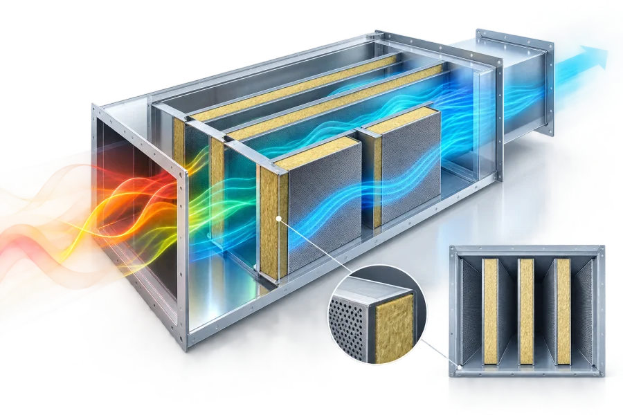 Rectangular splitter silencer with baffles inside a duct