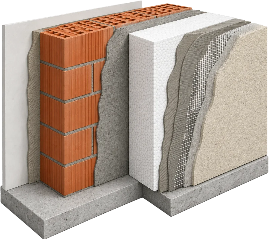 Wall cross-section showing layered construction materials