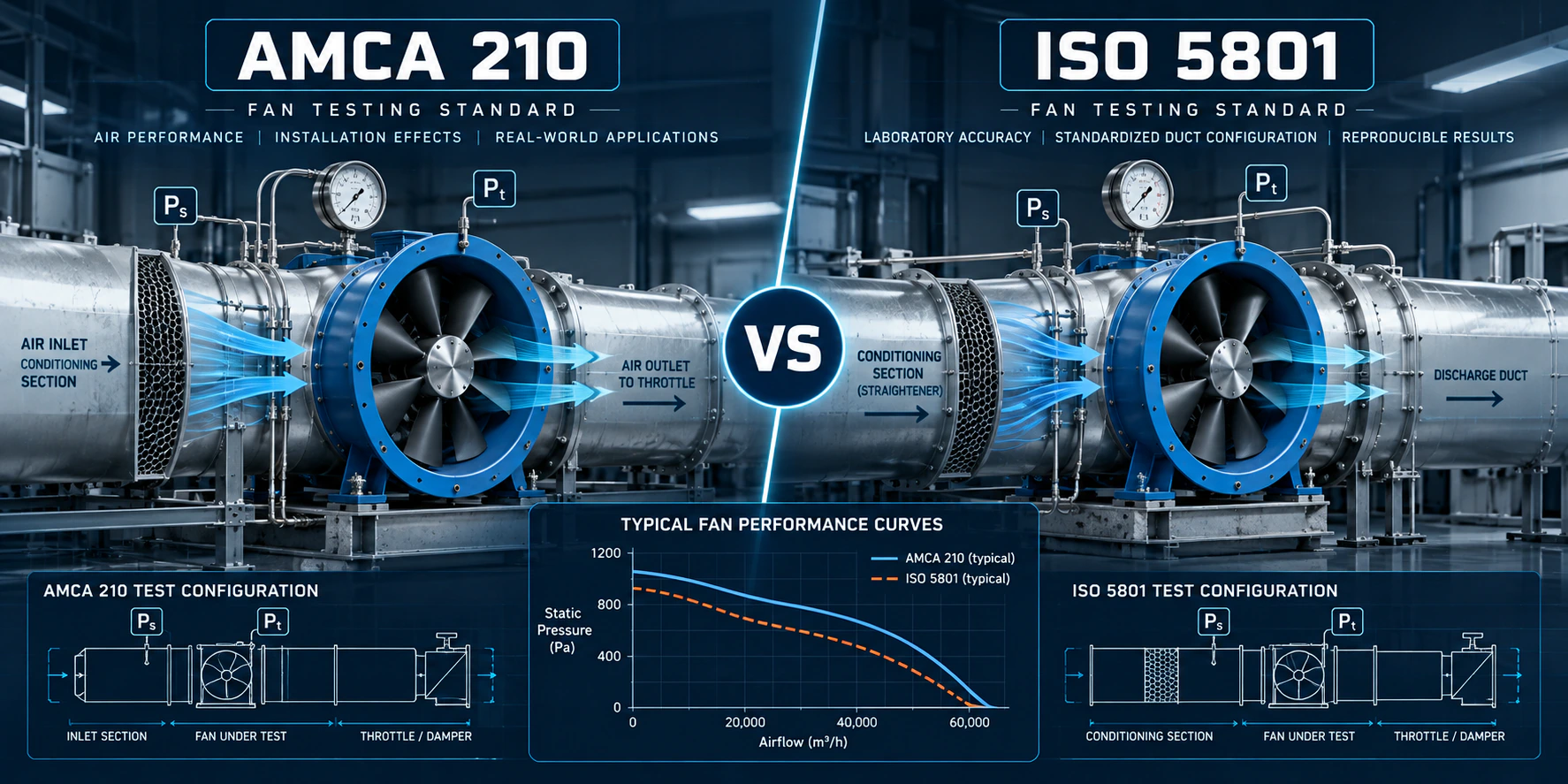 AMCA 210 vs ISO 5801: two fan test rigs side by side with pressure measurement points, inlet and conditioning sections, throttle and their test configuration diagrams