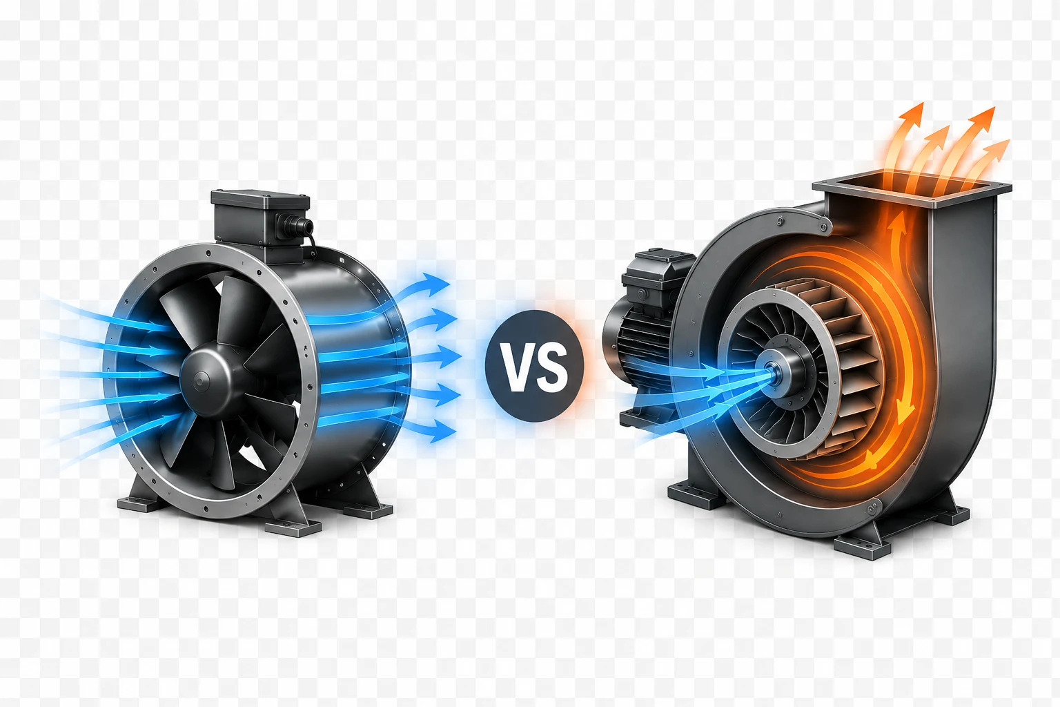 Axial fan (blue straight-through airflow) versus centrifugal fan (orange radial airflow through a scroll housing)