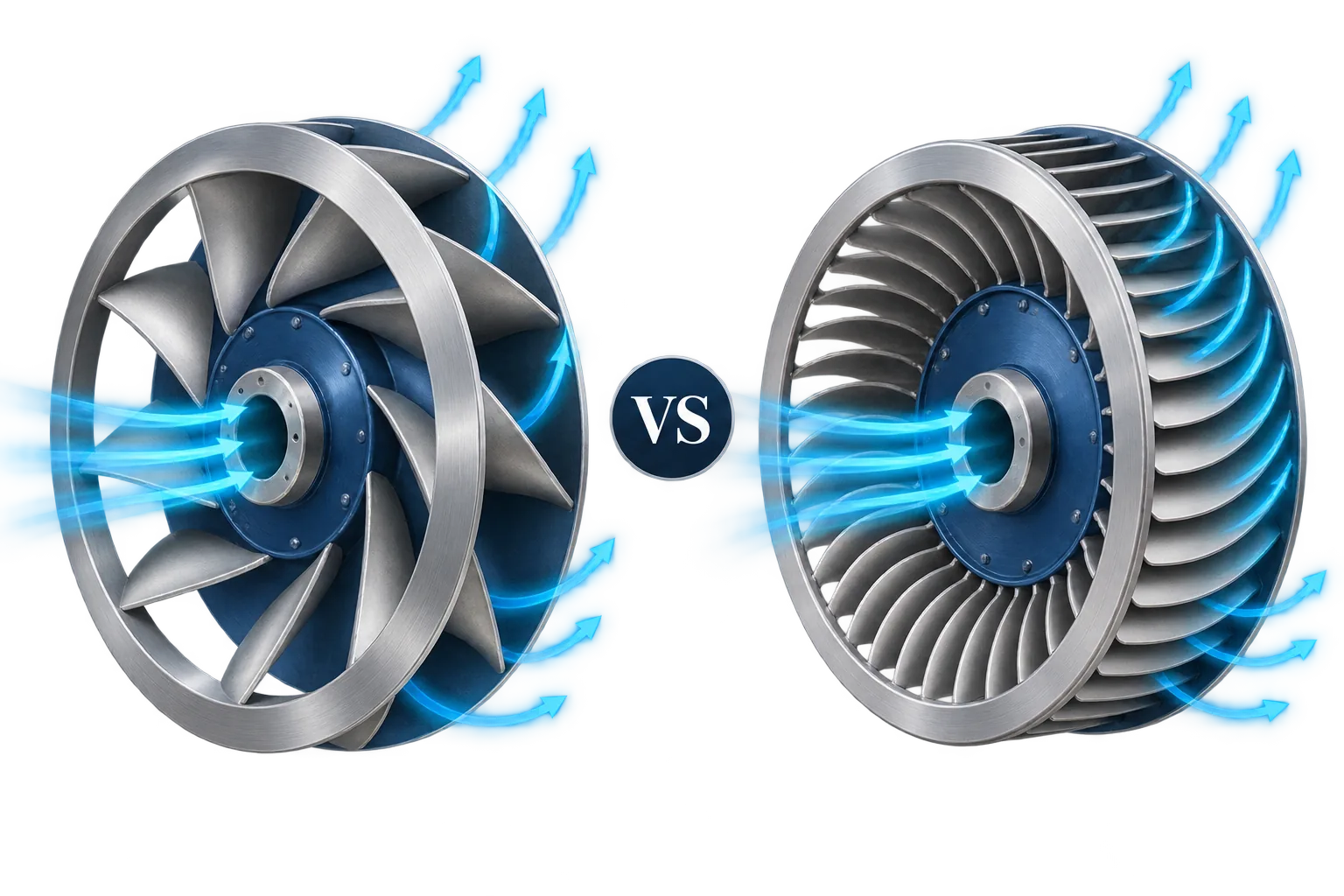 A backward-curved impeller with a few deep blades beside a forward-curved impeller with many short shallow blades, with airflow arrows through both wheels