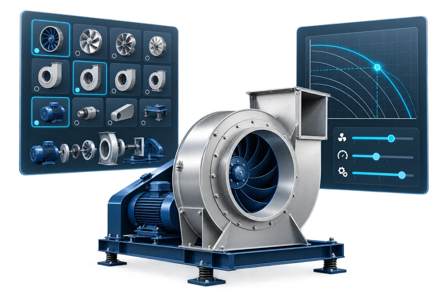 Centrifugal fan between a configurator panel of impeller, housing, motor and drive options and a selection panel with a performance curve, operating point and sliders