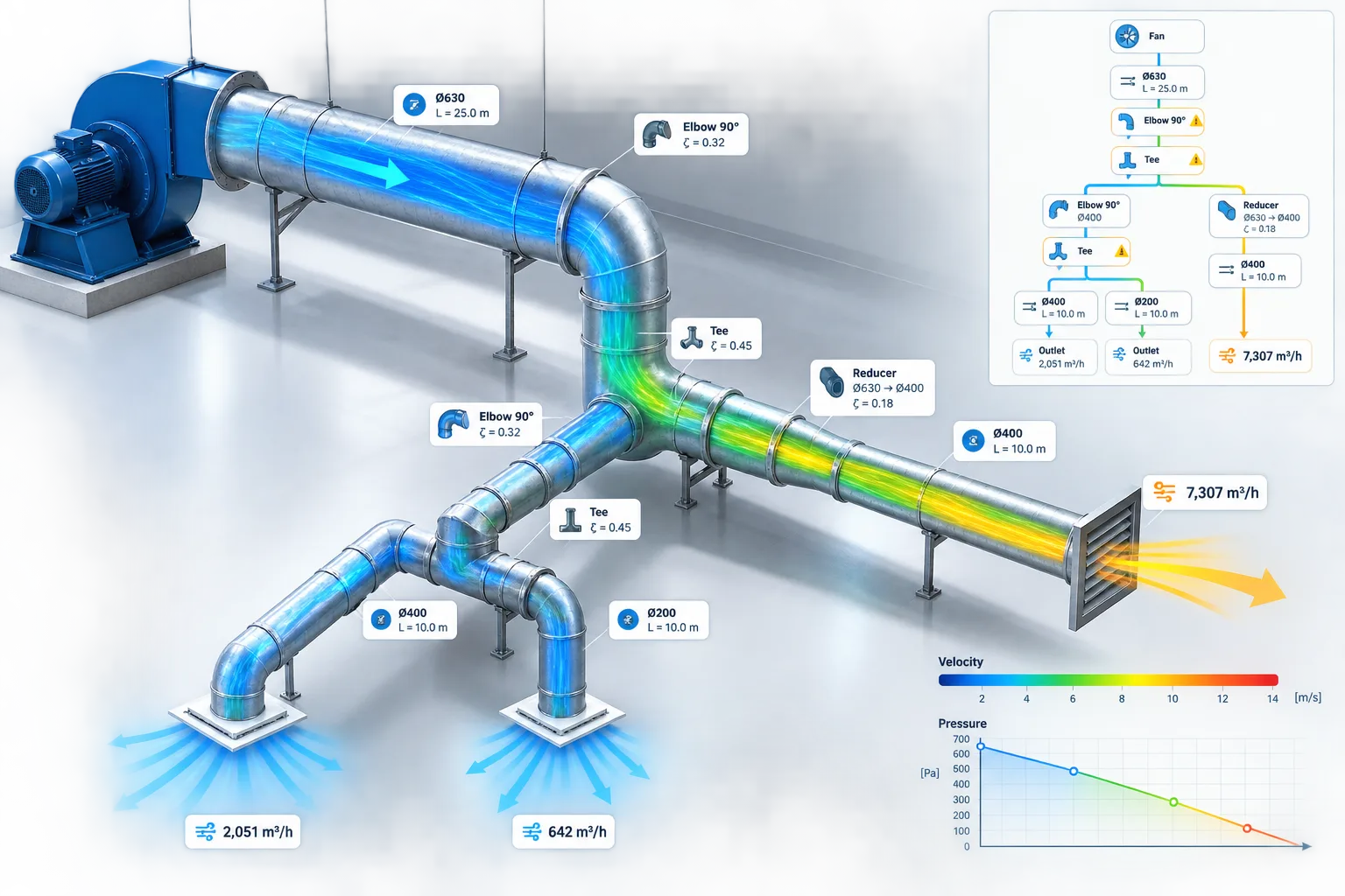 Branching duct network with fittings and airflow