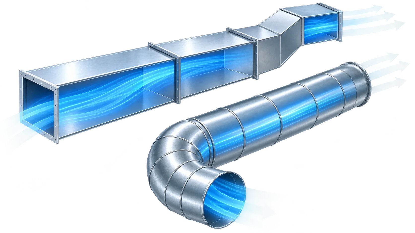 Round and rectangular ducts with airflow moving through them