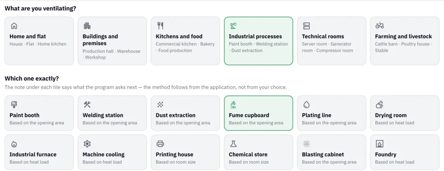 Application choice in the duty point calculator: six areas such as home, buildings, kitchens, industrial processes, technical rooms and farming, and twelve industrial applications, each labelled with its method such as based on the opening area, on heat load or on room size