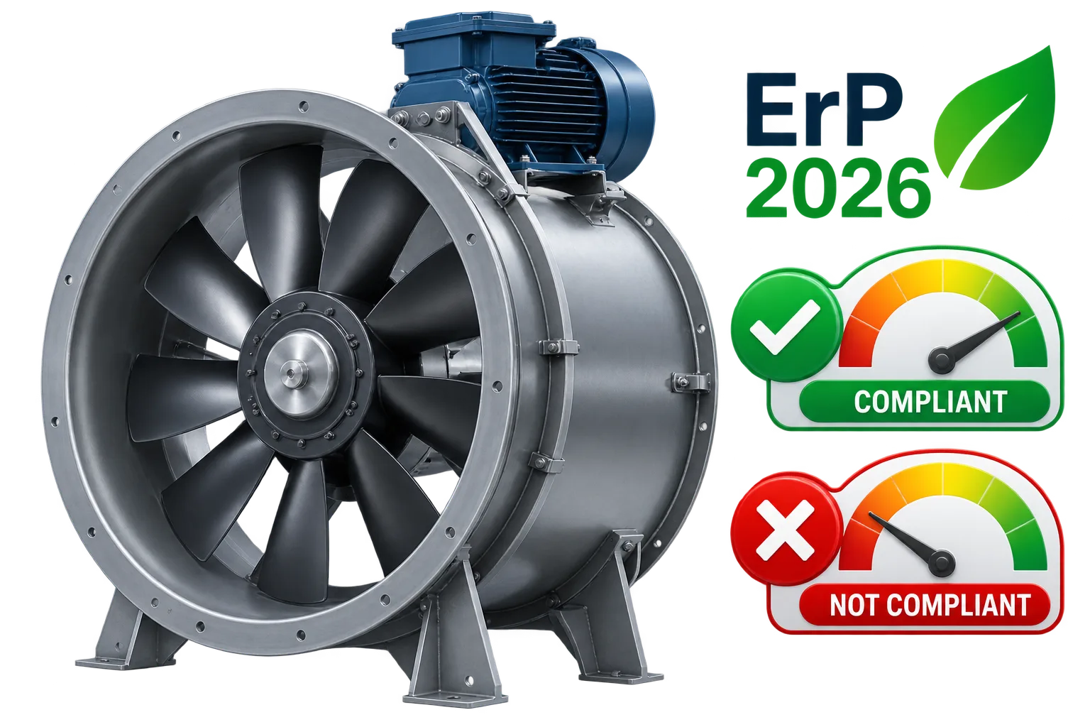 Fan with ErP 2026 compliant and not-compliant status gauges