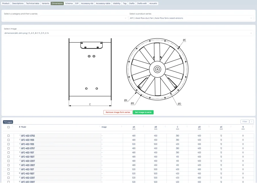 Dimensions of an axial duct fan series in the CloudAir admin platform: one dimensional drawing with lettered dimensions assigned to the series, above a table of the dimension values for every model