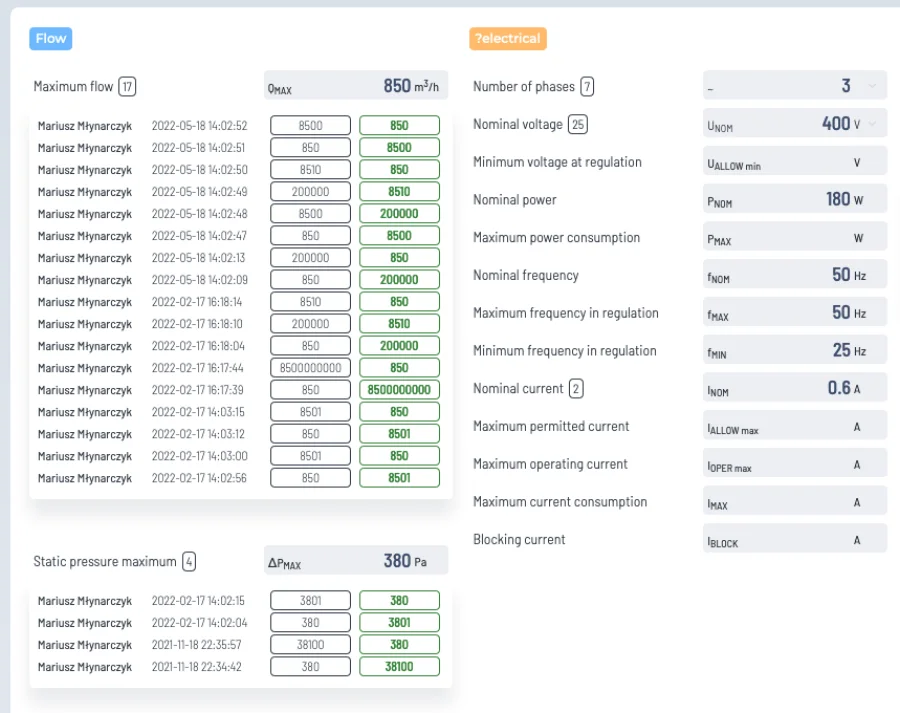 Change history of single technical values in the CloudAir admin platform: each change to maximum flow and maximum static pressure is listed with user, date and time, the old value and the new value