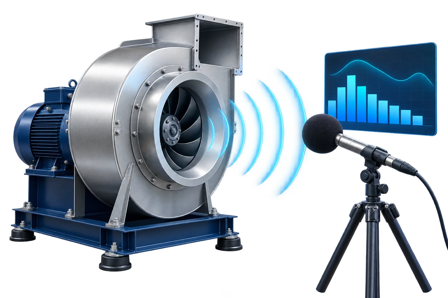 Centrifugal fan emitting sound waves towards a measurement microphone on a tripod, beside an octave-band sound spectrum chart