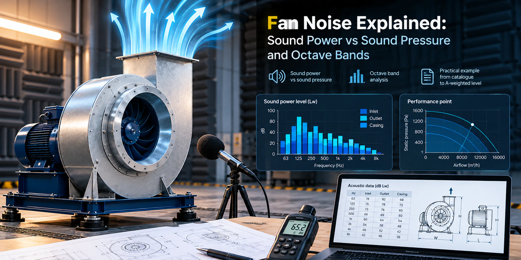 Fan noise explained: a centrifugal fan in an acoustic test room with a microphone and sound level meter, an octave-band sound power chart for inlet, outlet and casing, and the performance point on the