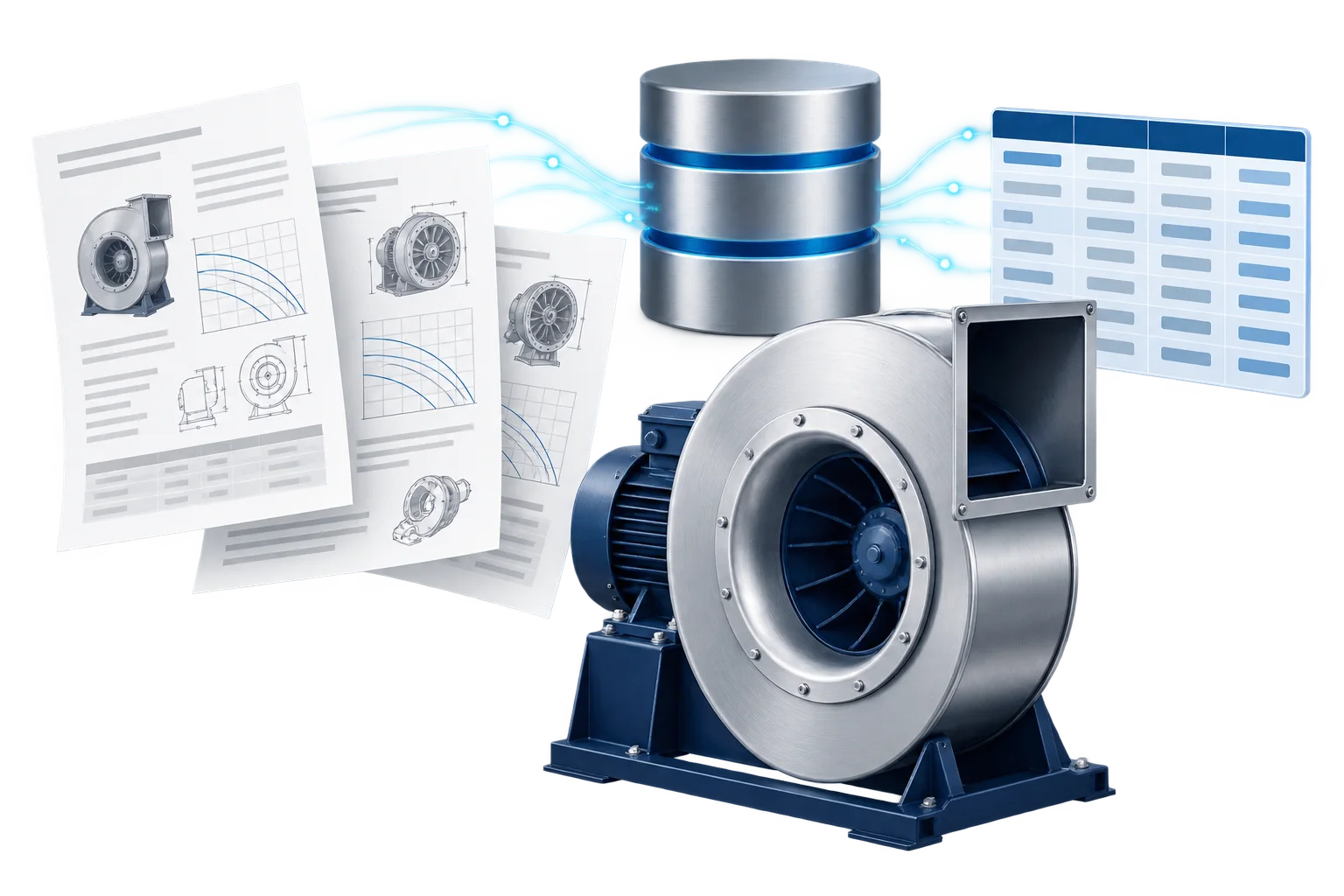 Fan datasheets with performance curves and drawings flowing into a database and out to a structured data table, next to a centrifugal fan