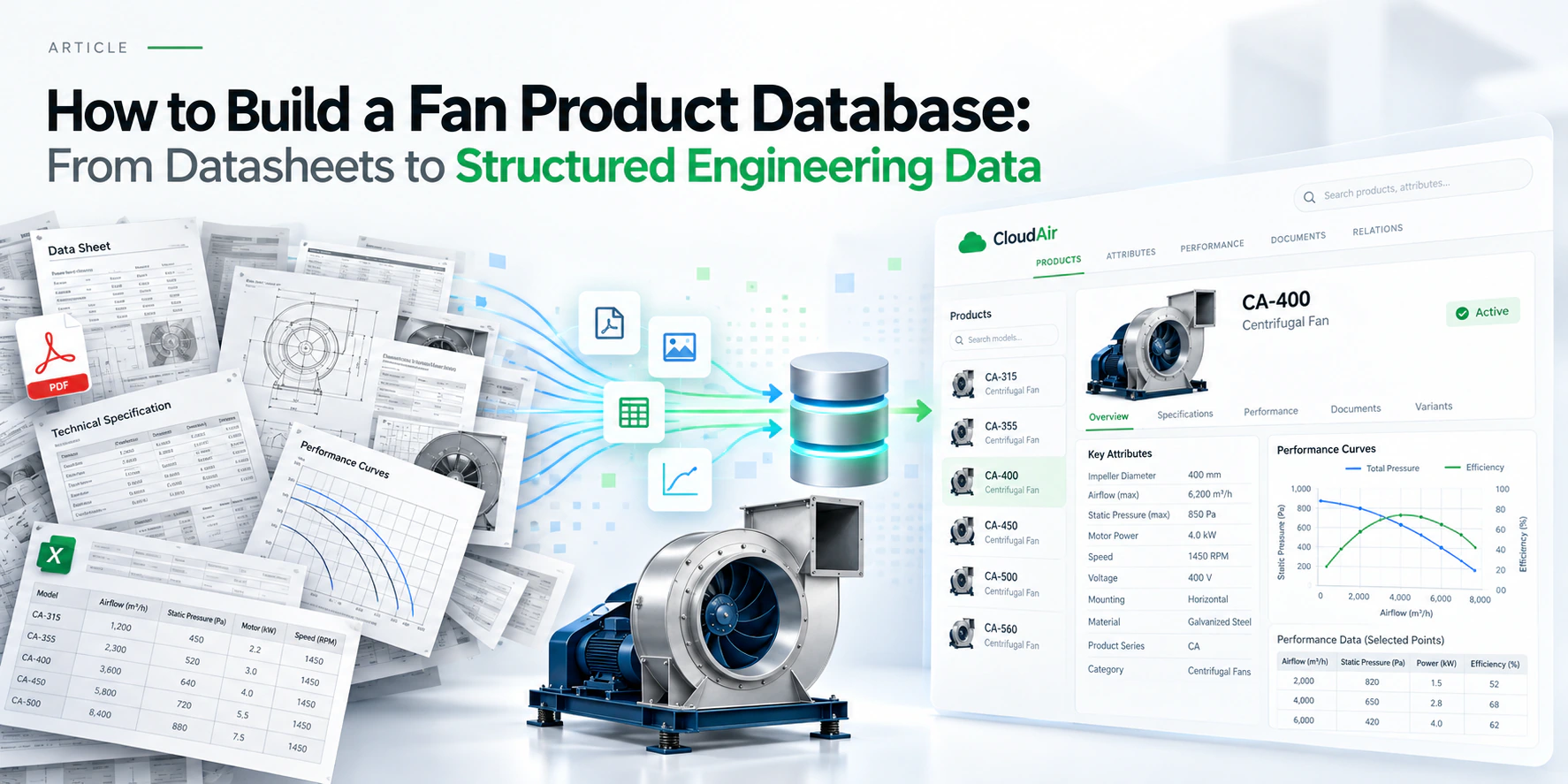 How to build a fan product database: PDF datasheets, technical specifications, performance curves and Excel tables flowing into a database and a structured product view with attributes, curves and per