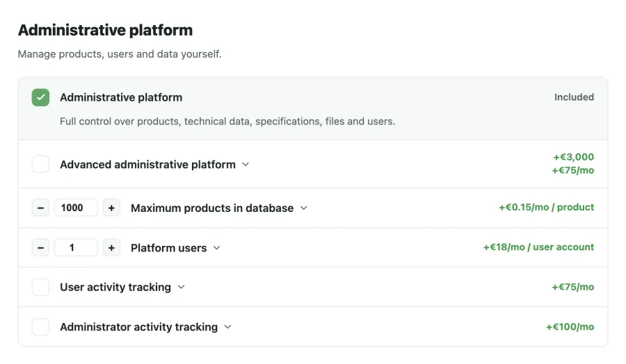 Administrative platform section of the CloudAir pricing calculator: administrative platform included, advanced platform, maximum products in database, platform users, user activity tracking and administrator activity tracking as options