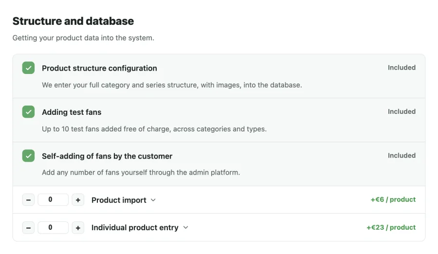 Structure and database section of the CloudAir pricing calculator: product structure configuration, test fans and self-adding of fans included; product import and individual product entry priced per product