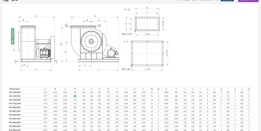 Dimension view of the B74 fan series in the CFB selection program: vector drawings with dimension letters above a table of dimensions for every model in the series