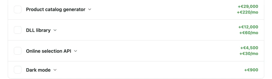 Integration modules in the CloudAir pricing calculator: product catalog generator, DLL library, online selection API and dark mode, each with a one-time and a monthly price