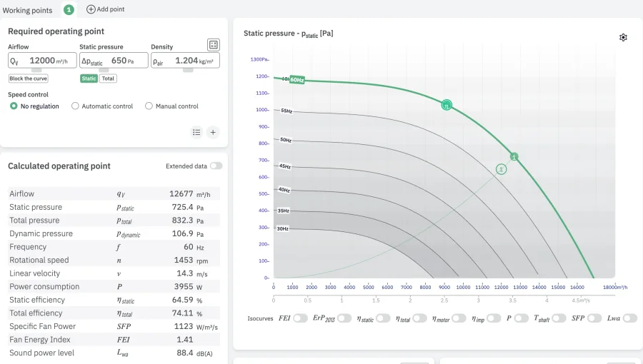 Product view of B74-560/5HP: required operating point 12000 m³/h at 650 Pa, calculated operating point 12677 m³/h at 725.4 Pa with power, efficiency, SFP, FEI and sound power, and a static pressure chart with speed curves from 30 to 60 Hz