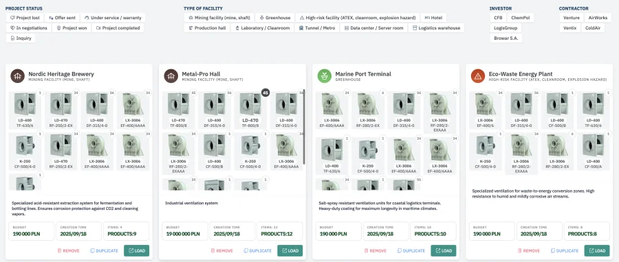 Projects screen with filters for project status, type of facility, investor and contractor, above project cards showing the fans in each project, budget, creation date and number of products