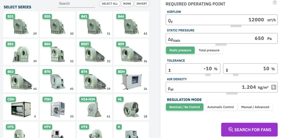 CFB fan selection form with fan series to search on the left and the required operating point on the right: airflow 12000 m³/h, static pressure 650 Pa, tolerance -10% / +10%, air density 1.204 kg/m³